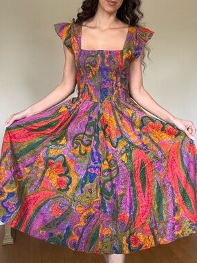 House of Harlow 1960 Multicolor Floral Midi Dress in Pink, Orange & Green